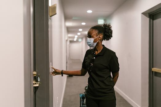 Delivery woman wearing a face mask presses doorbell in a hallway, signifying logistics and online shopping.